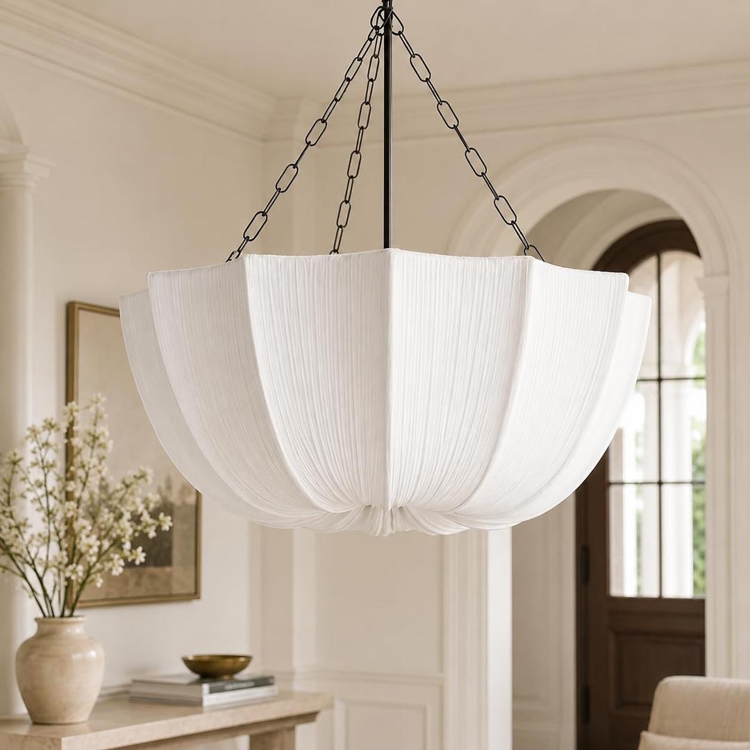15.7" White Fabric Chandelier, Farmhouse Pendant Light for Dining Room