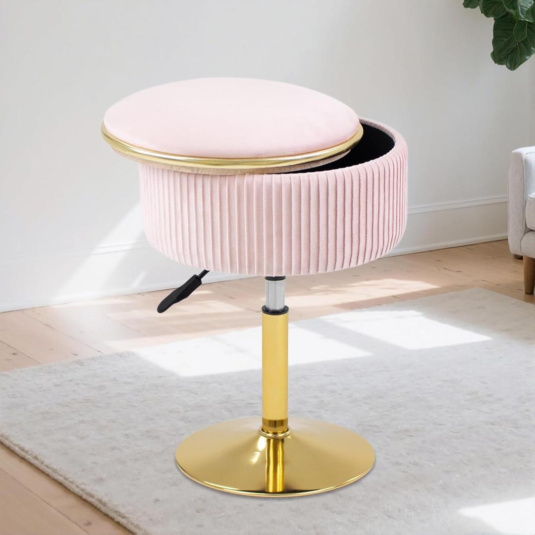 Adjustable Vanity Stool with Storage, 360 Swivel Makeup Stool Chair Small Velvet Round Ottoman with Gold Base for Bedroom, Pink