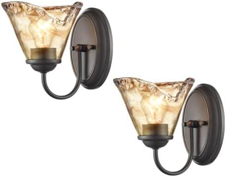 DANSEER Rustic Finish Wall Sconce Vintage Vanity Light with Amber Glow Glass Shade for Bathroom Living Room Hallway Staircase Set of 2