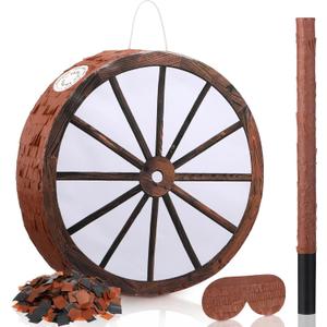 Cowboy Pinata 13 Inch Wagon Wheel Western Pinata with Stick Blindfold and Confetti Cowboy Country Themed Birthday Party Decorations Supplies for Adults Rodeos Events Gatherings