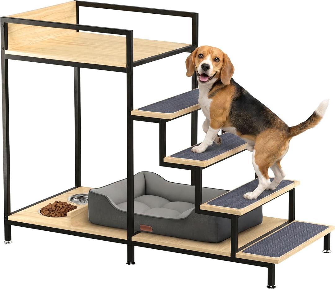 Elevated Dog Bed - Dog Stairs with Platform - Dog Beds & Cat Beds | 46.5" Tall, Natural Wood, Raised Dog Couch, Feeding Station, Bunk Bed, Cat Stairs, Orthopedic, Dachshund, Golden Retriever