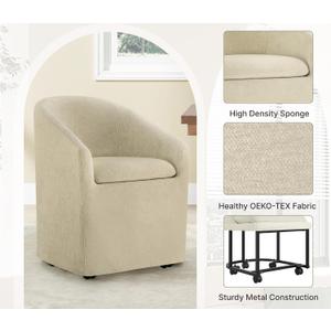 KISLOT Upholstered Dining Chairs with Casters, Washable Cover Modern Dining Room Chairs with Barrel Backrest & Armrest, Vanity Chair with Wheels for Kitchen, Living Room, Bedroom, Sand Fabric, 1PCS