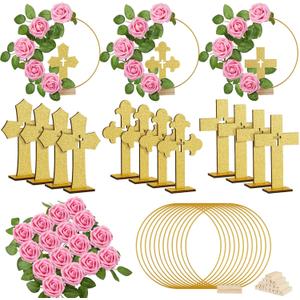 Wesiti 48 Pcs Baptism Centerpiece First Communion Table Decoration 12 Wood Cross 12 Floral Hoop with Stand 24 Foam Rose with Stem for Baptism Baby Shower Wedding(Gold and Pink,Classic)