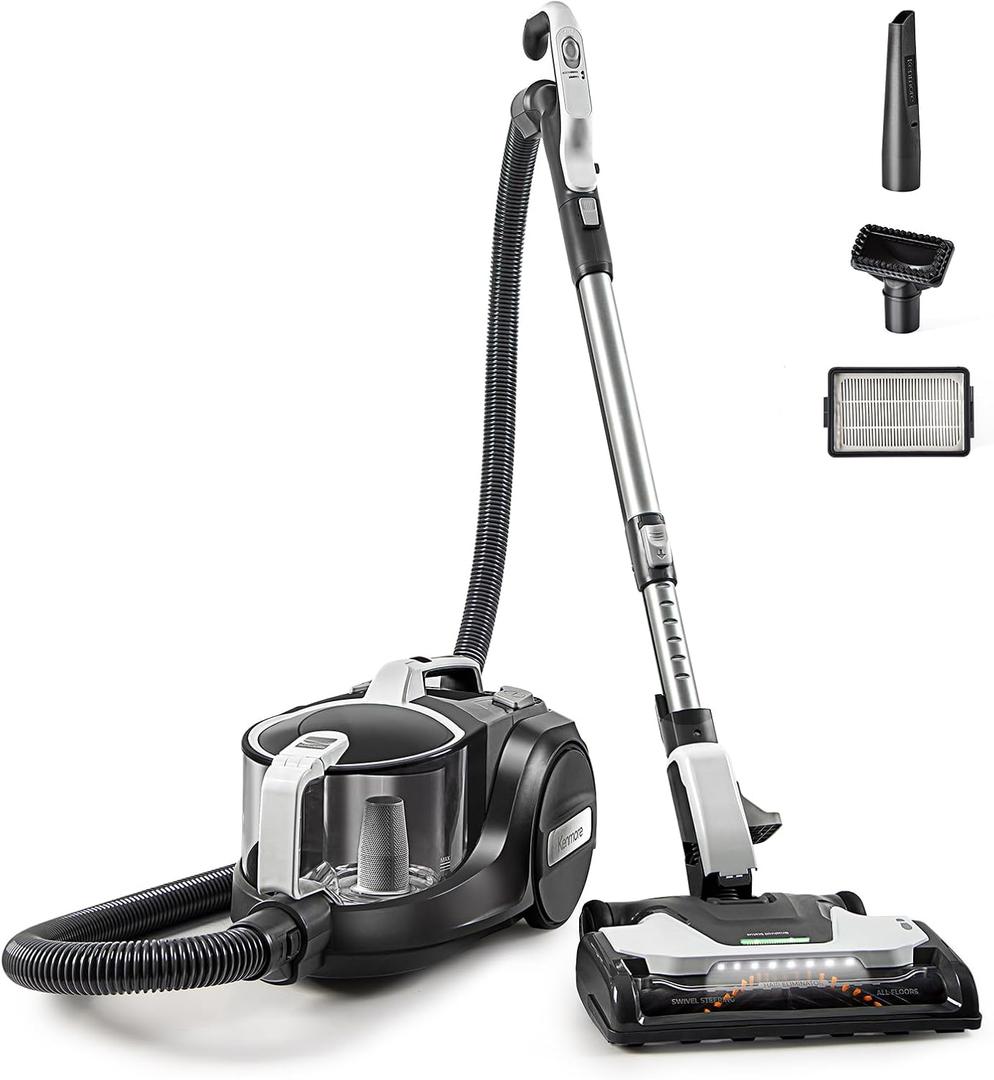Kenmore 500 Series Bagless Canister Vacuum with Hair Eliminator Brushroll 2-Motor Cyclonic Technology, HEPA Filtration, 24' Auto Cord Rewind for Pet, Carpets, Hard Floors, Stairs, Upgrade DC5070.01, Bla