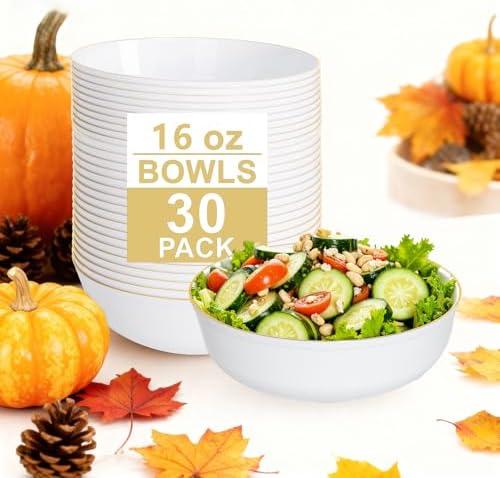 I00000 60 Pack White Plastic Bowls with Gold Rim,16 oz Disposable Soup Bowls,Premium Heavy Plastic Serving Bowls Ideal for Thanksgiving Party