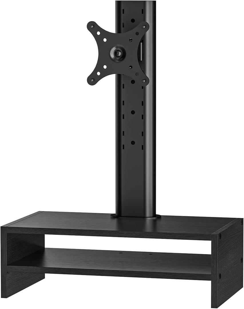 Single LCD Computer Monitor Mount Column with Divided Computer Desk Organizer;5 Height Adjustments,Free-Standing Swivel Monitor Stand Riser,Vesa Base Bracket Holds One(1)Screen,Maximum Load Capacity 80 lbs-Black
