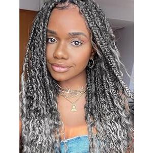 Grey Crochet Box Braids Curly Ends 14 Inch Goddess Box Braids Crochet Hair 3X Bohemian Hippie Crochet Braids for Woman, 1B/ Gray Braiding Hair Extensions