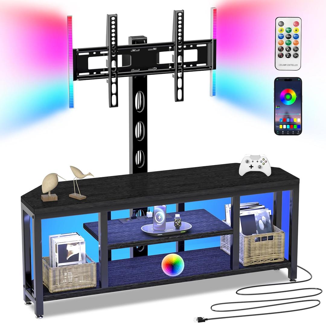 Corner TV Stand with Mount LED - Universal TV Mount Stand for 32-65" TV, Height Adjustable Swivel TV Console Wood & Steel Entertainment Center with Mount, Cabinet, Power Outlet, Colorful Light, Black