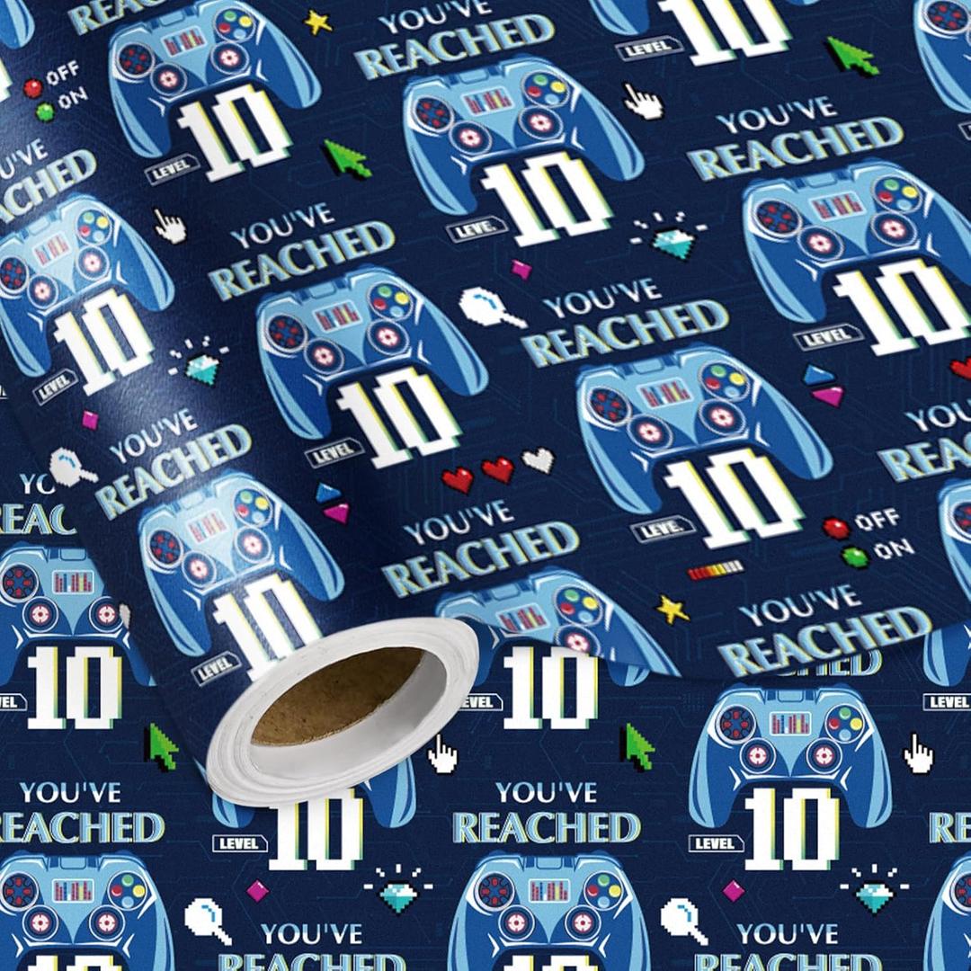 LeZakaa 10th Birthday Wrapping Paper Roll for Kids Boys, Level 10 Game Controller & Pixel Icons Blue Age10 Birthday Gift Wrap, Gamer Party Decorations, Mini Roll 17 in x 16.4 Ft