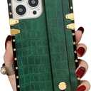 Compatible with iPhone 16 Pro Case Luxury Designer for Women Girls,Rectangle Crocodile Leather with Wristband Strap Kickstand Holder Protective Phone Cover for 16 Pro - 6.3 inch (Green)