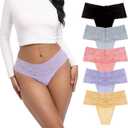 Retro Lace Thongs For Women Plus Size Breathable Seamless Cotton Panties Tummy Control High Waisted Underwear Pack 5 (Medium, Black+grey+nude+light Purple+pink)