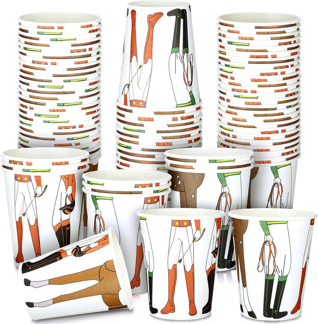 Willinglong 50 Pcs Derby Paper Cups Bulk 9 oz Disposable Horse Racing Jockey and Legs Stadium Drinking Cups for Derby Birthday Party Supplies Decoration to Lover of Horse Racing
