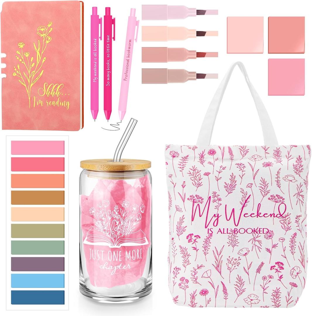 Havawish 14 Pcs Book Lovers Gifts for Women 16 oz Glass Cup Tote Bag A6 Journal Notebook Ballpoint Pens Highlighters Sticky Notes for Library Reader Bookworm Book Club(Flesh Pink,Aesthetic)