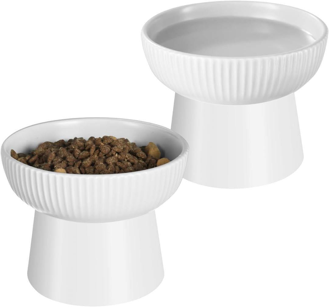 Ceramic Elevated Cat Bowls-Water Bowl, 15 Tilted Design, Anti-Vomiting & Spine Protection, Prevent Whisker Fatigue for Kittens to Adult Cats and Small Dogs (White-Elevated Cat Bowls-2), Pack of 1 