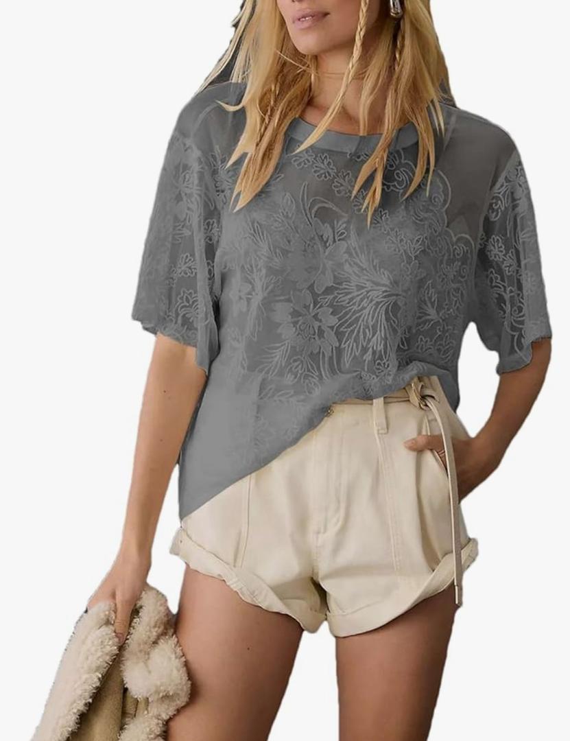 No Brand Women Summer Sexy Mesh Tops Fashion Casual Round Neck Lace Printed Floral Sheer Blouse See Through Shirt Medium