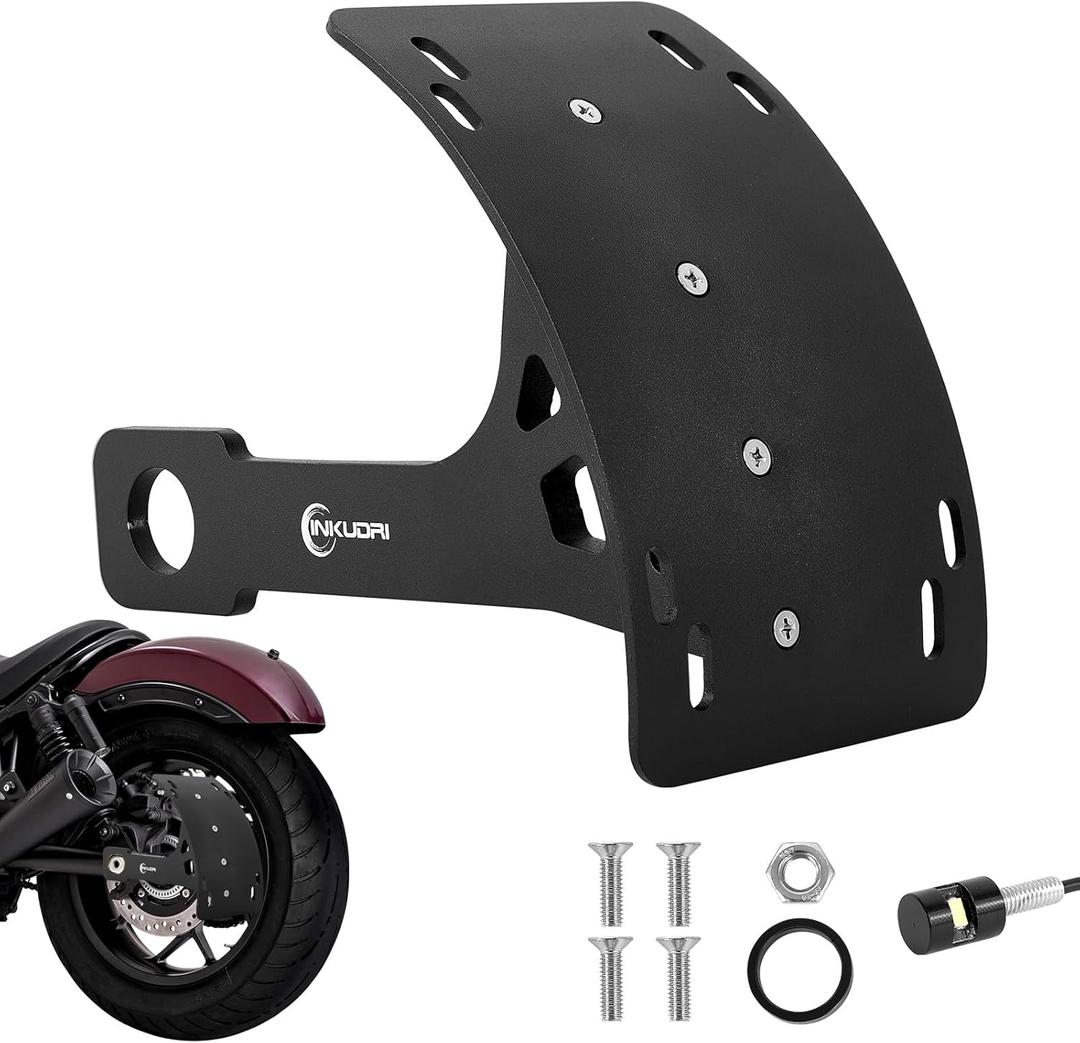 Universal Curved Motorcycle License Plate Bracket With Light Rear Axel Motorcycle License Plate Relocation Holder Side Mount Tag Frame For Rebel 500 Ruckus YZF R6 R7 R8 Vulcan S 650 MT03 MT09 TW200