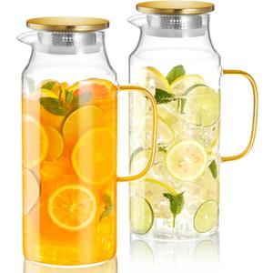 2 Pack 2 Liter 68 oz Glass Pitcher with Lid and Handle, Gold Glass Carafe for Fridge, Water Pitcher for Hot/Cold Water, Large Jug for Iced Tea, Coffee, Juice and Homemade Beverage