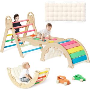 ElegantCrafts Pikler Triangle Set with Cushion, Montessori Climbing Set, Indoor Climb Toys, Indoor Playground Jungle Gyms, 9 Combinations Climbing Toy Set for Toddler, Baby, Kids 1-4, General