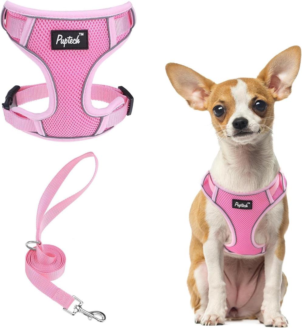 PUPTECK Dog Harness and Leash Set, No Pull Adjustable Pet Small Dog Harness, Reflective Soft Mesh Pet Vest, for Small Medium Dogs Walking, Pink, XS