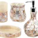 Milano Bathroom Accessories Set - 5 Piece Bathroom Accessory Set with Natural Mother of Pearl Shells - Decorative Bathroom Set Includes: Soap Dispenser, Toothbrush Holder, Tumbler and Soap Dish