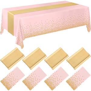 Breling 8 Pack Pink and Gold Disposable Plastic Tablecloths and Satin Table Runner Set, 54 x 108 Inch Tablecloth, 12 x 108 Inch Table Runners for Wedding Graduation Birthday Baby Shower