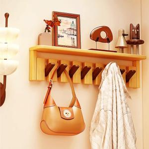 Wall Mounted Coat RackHooks Piano Key Hangers Natural Solid Wood Hanger Non-Woven Fabric Clothes Hangers for Closet, Kitchen, Bedroom, Bathroom, Entryway (Tray Walnut-Beech, 8 Hooks)