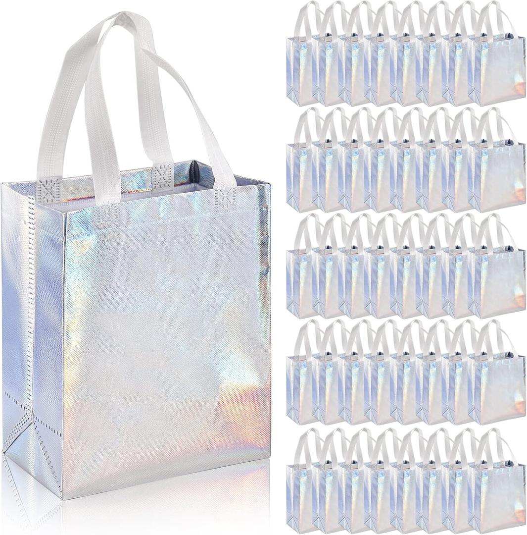 TOPZEA 40 Pack 10 x 8 Inch Glossy Reusable Grocery Bags, Non-woven Tote Shopping Bags with Handle, Bridesmaid Bag Stylish Foldable Gift Goodies Bag for Small Business, Wedding, Easter, Birthday