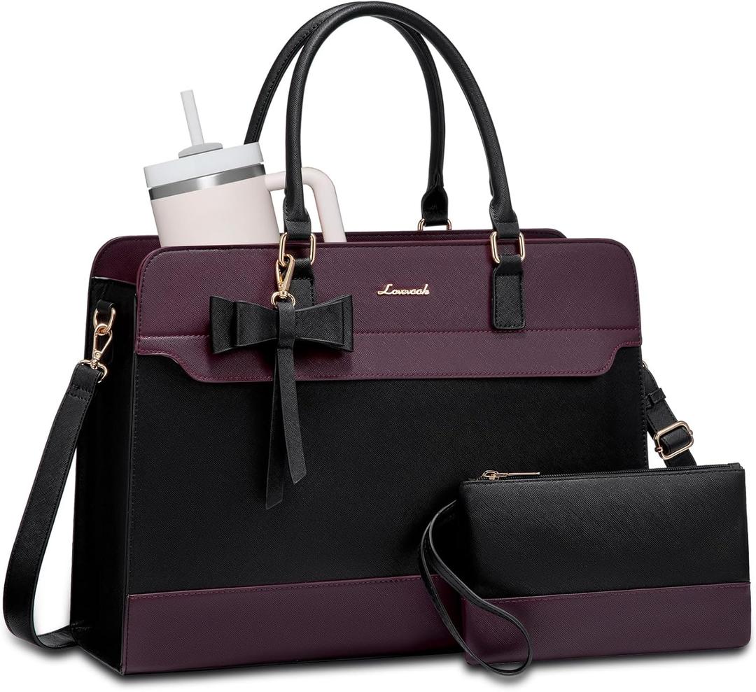 LOVEVOOK Laptop Tote Bag for Women,Leather Work Bag, Waterproof Business Teacher Bag,Large Computer Handbag Purse Briefcase,Office Gifts for Women (15.6 Inch, Black-purple-up)
