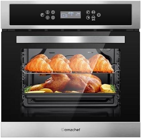 AMZCHEF Single Wall Oven 24" Built-in Electric Ovens with 11 Functions, 8 Automatic Recipes, 2800W, 240V, 2.5Cu.f Convection Wall Oven in Stainless Steel, Touch Control, Timer, Safety Lock,Upgraded