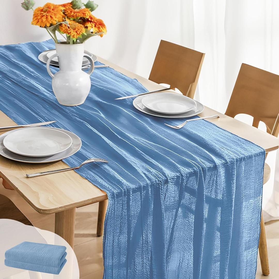 JOYIT 2 Pack Blue Cheesecloth Table Runner 35" x 120" Boho Table Runner Set for Wedding, Birthday, and Party Decor, Romantic Gauze Table Runner for Rustic and Elegant Tablescapes (Light Blue)