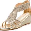 Women Wedge Sandals Sparkly Rhinestone Open Toe Fashion Dressy Sandals Evening Wedding Prom Shoes (7.5, Gold)