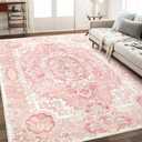 Boho Washable Area Rug 5x7, Vintage Floral Low Pile Non Slip Rug for Living Room Bedroom, Farmhouse Decorative Carpet,Blush Pink