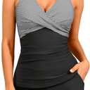 Women Tankini Swimsuits with Shorts - Two Piece Tummy Control Bathing Suits Top with Two Pockets Bottom Swimwear (Medium, Black Stripe)