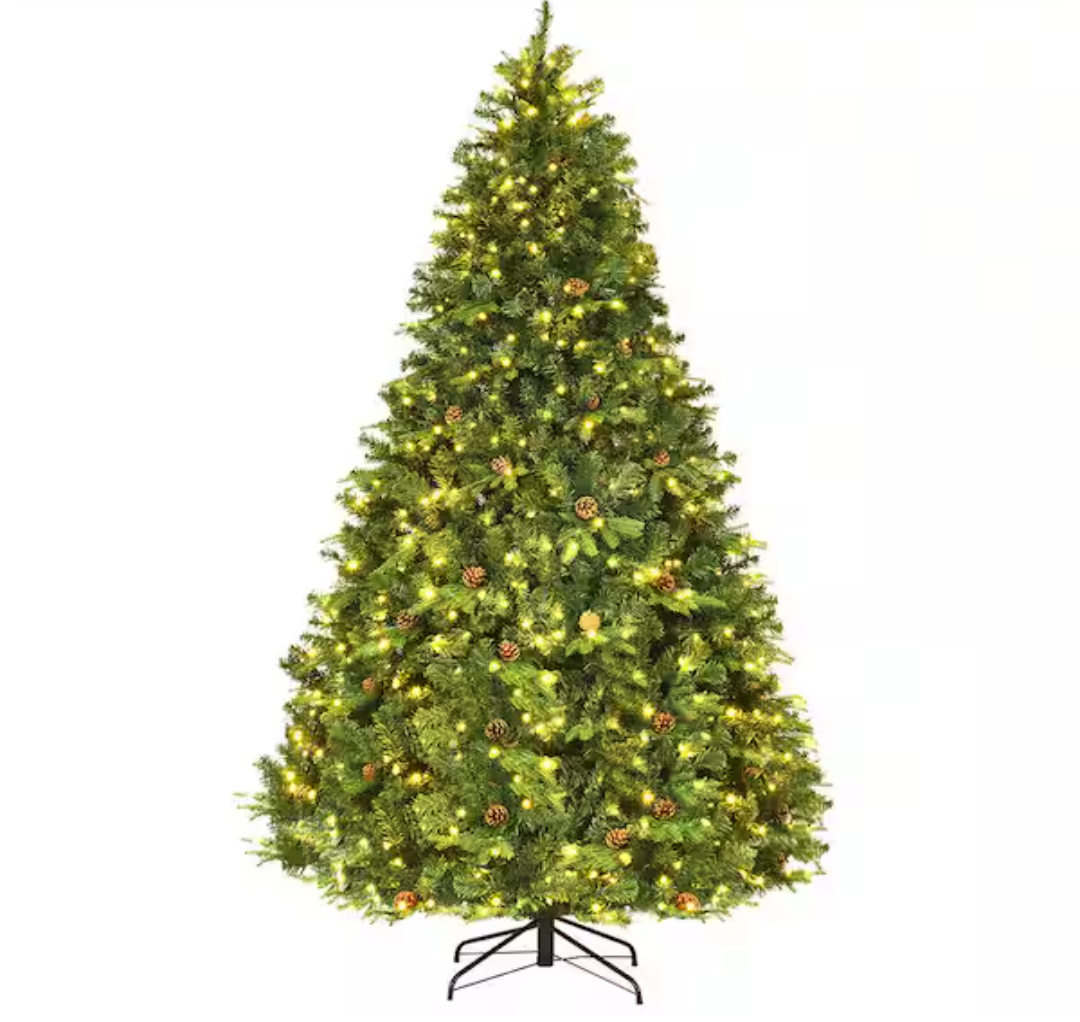 8 ft. Pre-Lit LED Artificial Christmas Tree Hinged with 600 LED Lights and Pine Cones
