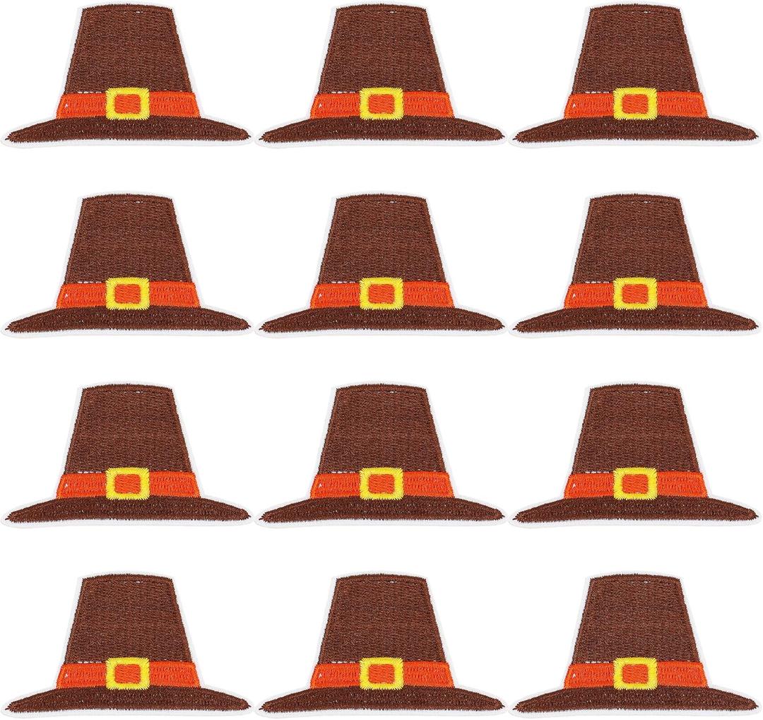 12 Pcs Thanksgiving Pilgrim Hat Iron On Patches, Thanksgiving Hats Embroidered Patches, Fall Appliques Sew on Iron on Patches for Autumn DIY Craft Clothing Bags Decoration Party Supplies