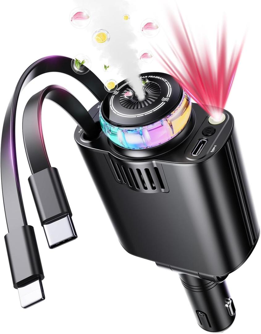 Retractable Car Charger with Aromatherapy and Starlight, 5 in 1 USB C Car Charger Adapter, 69W Fast Charging Cars Phone Chargers, Cars Air Freshener Compatible with iPhone 16 15 14 13 12 and Android