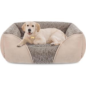 INVENHO Large Rectangle Orthopedic Dog Bed for Medium Small Dogs, Washable Soft Calming Puppy Sleeping Cuddler With Anti-Slip Bottom L(30"x24"x9") (Beige)