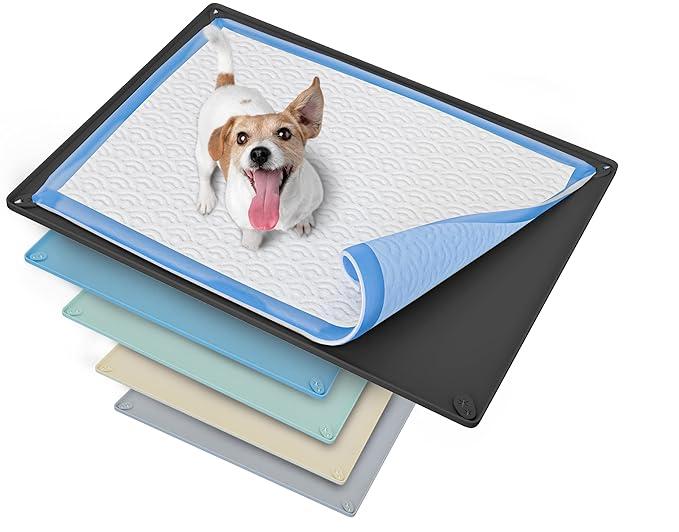 TidyFriend Dog Pee Pad Holder Tray Fits for 30” x 23” Pee Pads with Corner Lock Holes, Raised Edges, NonSpill, Easy to Clean Silicone Dog Potty Tray Holder, For Indoor Floor Protection (Light Grey)