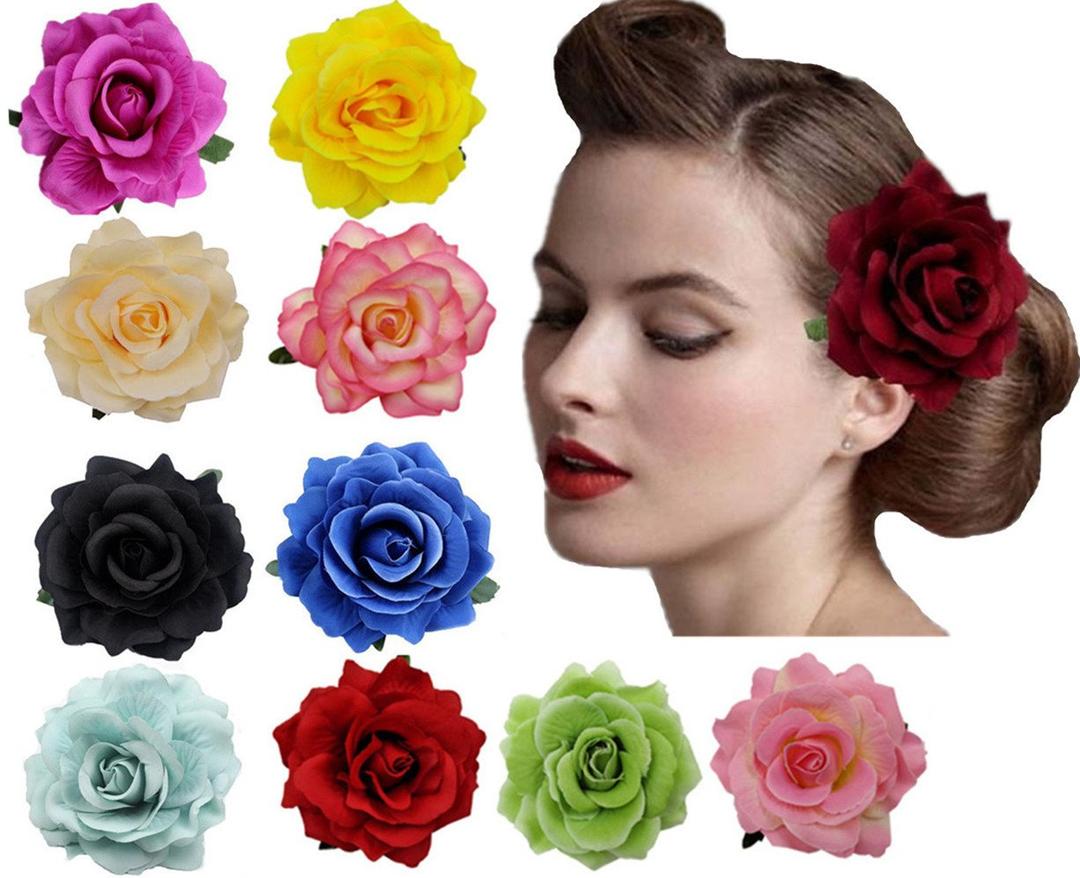 Womens Rose Flower Hair Clip Flower Brooch for Bridal Headpiece,Flamenco Dancer 10-Pack (Mixed 10 Colors)