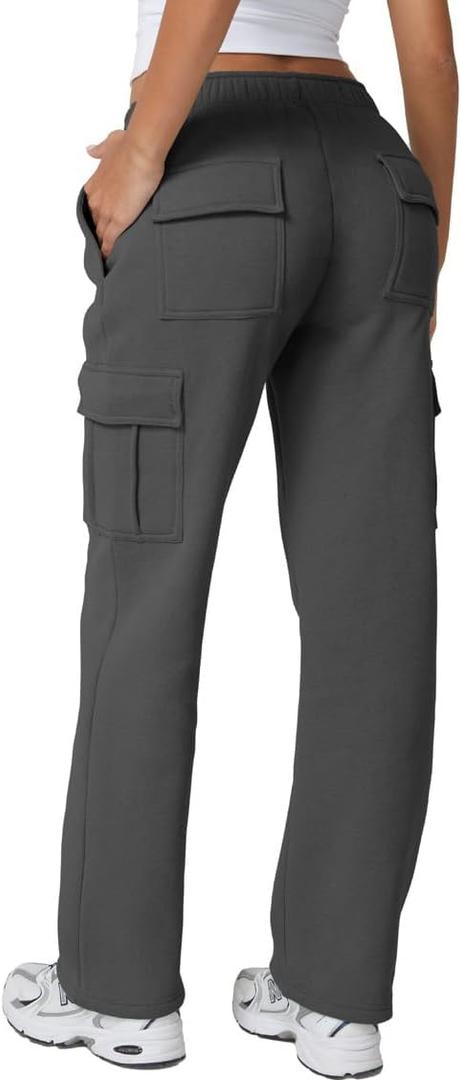 QINSEN Baggy Medium Waist Elastic Sweatpants for Womens Casual Long Fleece Cargo Pants with Pockets M