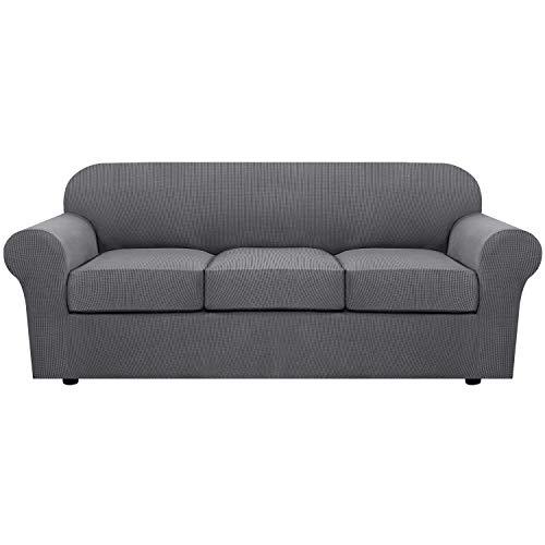 H.VERSAILTEX 4 Piece Stretch Sofa Covers for 3 Cushion Couch Covers for Living Room Furniture Slipcovers (Base Cover Plus 3 Seat Cushion Covers) Upgraded Thicker Jacquard Fabric (Sofa, Grey)