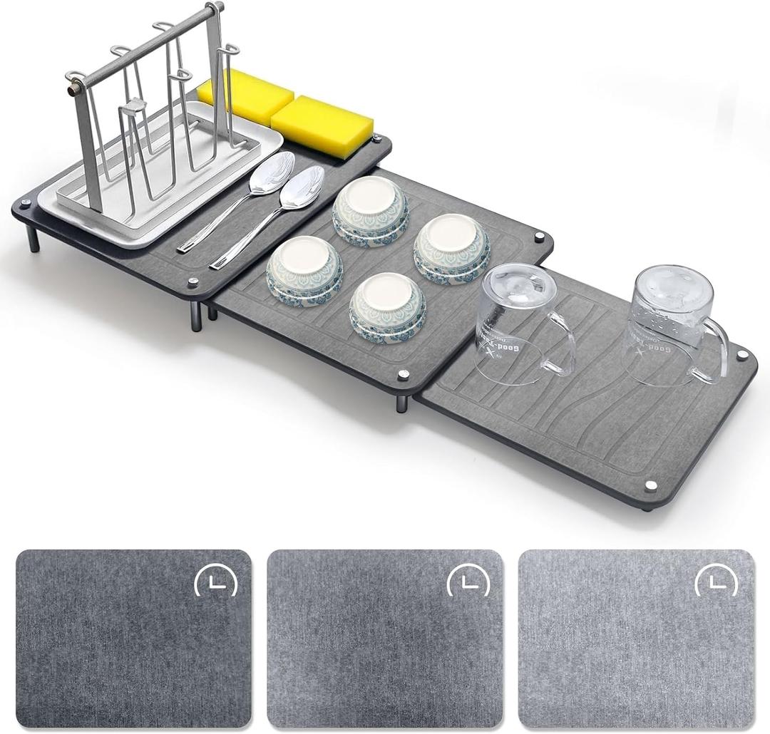 3Pcs Nesting Stone Drying Mat for Kitchen Counter, Quick Drying Stone Dish Drying Mat with Non-Slip Feet, Super Absorbent Heat Resistant Diatomaceous Earth Dish Drying Mat for Dishes, Bottle-Geometry