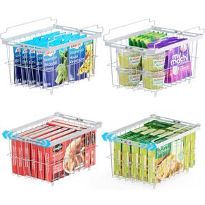 Ispecle Freezer Organizer Bins - 4 Pack Adjustable Width for 5 to 7 Cu.Ft Chest Freezers, Stackable Wire Storage Baskets for Deep Freezer Organization, Assembly Required, White