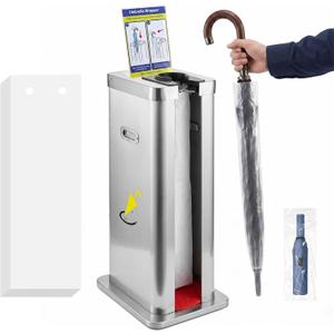 Lunibee Wet Umbrella Bag Stand with acrylic instruction sign，Automatic Wet Umbrella Wrapper Packing Machine with 1000 Long Bags ,Silver Stainless Steel ,Single Slot Dispenser Holder Stand for Commercial Shopping Malls, Hotels, restaurants