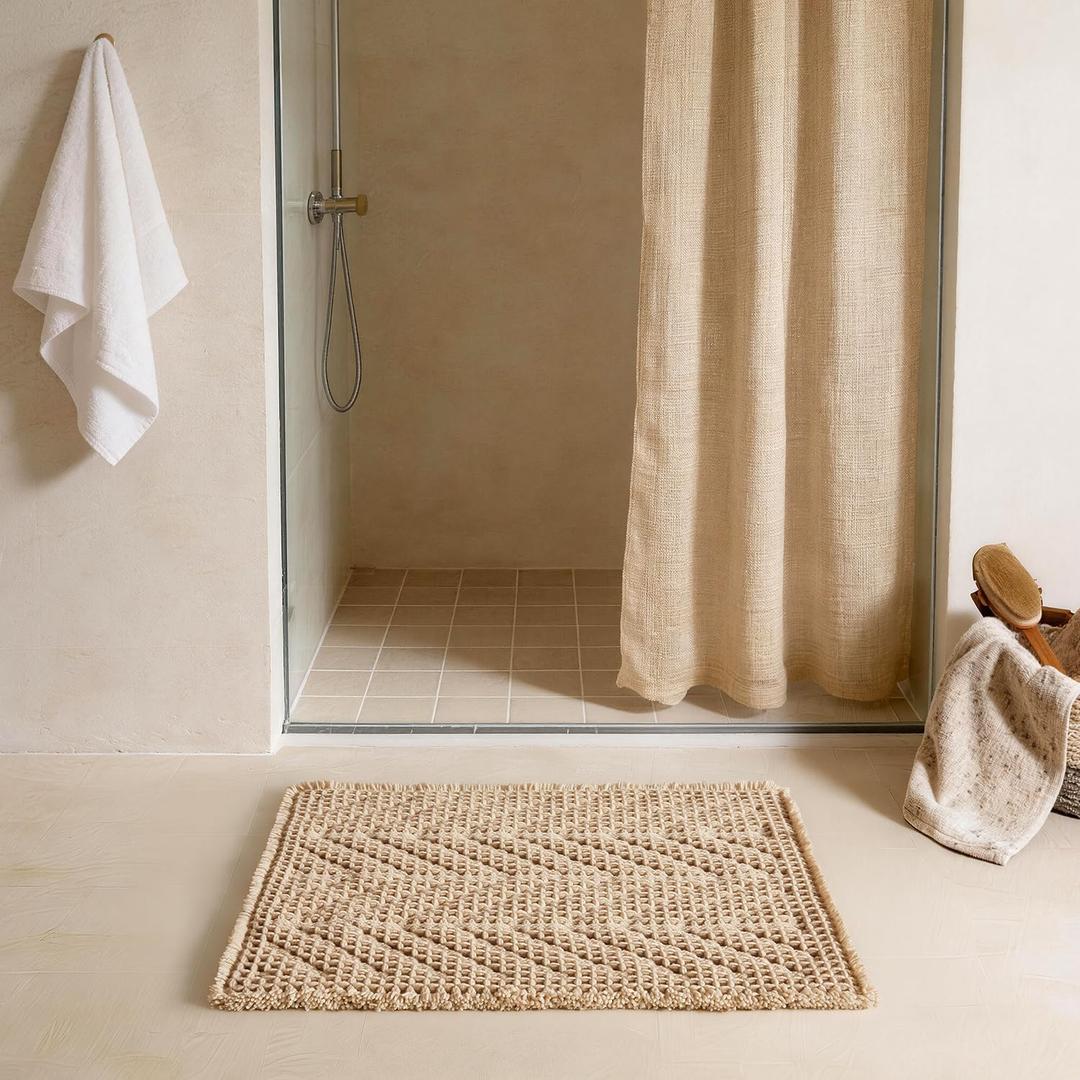 Sunfly Waffle Bath Mat, Boho Bath Rugs for Bathroom Floor Super Absorbent & Quick Dry, Non-Slip Washable Bath Mat with Tassels, Ultra Soft Farmhouse Bathroom Decor 16"*24" Beige