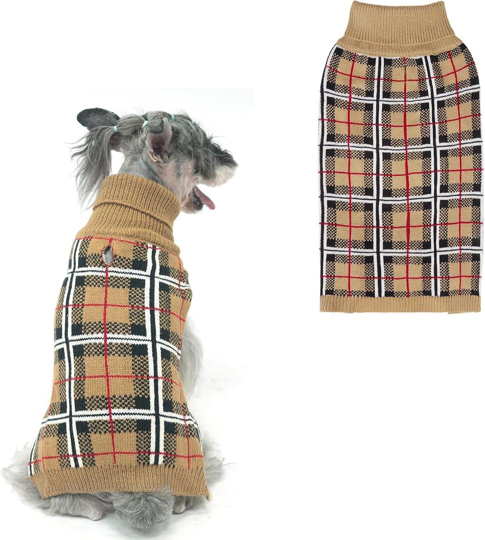 PUPTECK Dog Sweaters for Large Medium Small Dogs - Fall Classic Plaid Style Puppy Holiday Winter Coat Clothes Warm (M - Chest 22", Back 16", Cream)