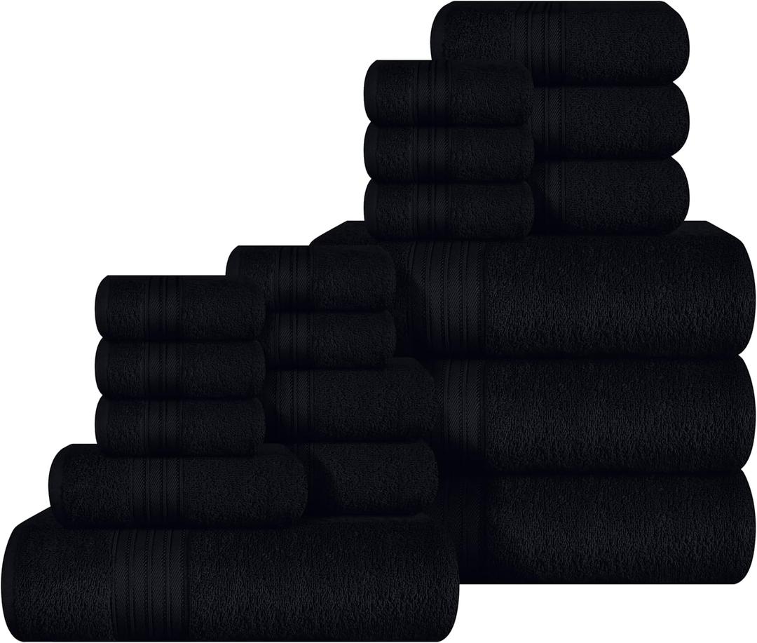 Ultra Soft 12 Pack Cotton Towel Set, Contains 2 Bath Towels 28x55 inch, 2 Hand Towels 16x24 inch & 2 Wash Coths 12x12 inch, Ideal Everyday use, Compact & Lightweight - Black
