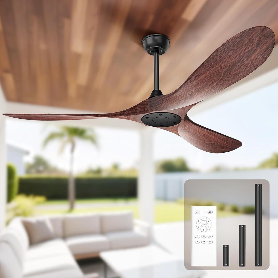 Obabala 60 Inch Ceiling Fan Without Lights, Walnut Finish | Outdoor Ceiling Fan with Remote, 6-Speed Adjustable Reversible DC Motor for Patio & Living Room