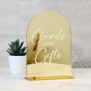 Acrylic Cards and Gifts Sign with Stand- 5"x7" Gold Mirror Arched Wedding Sign and Base,1/8" Thick | Modern Calligraphy White Lettering Arch Acrylic Sign for Wedding Reception & Party