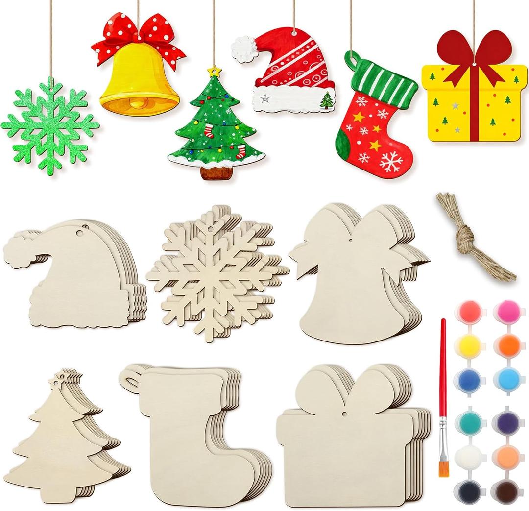 36 Pcs Unfinished Wooden Christmas Ornaments Tree Ornaments, 6 Styles Xmas Crafts for Kids, Unfinished Wood Slice Ornament with 12 Paint, Brush for Christmas Tree Hanging Decorations